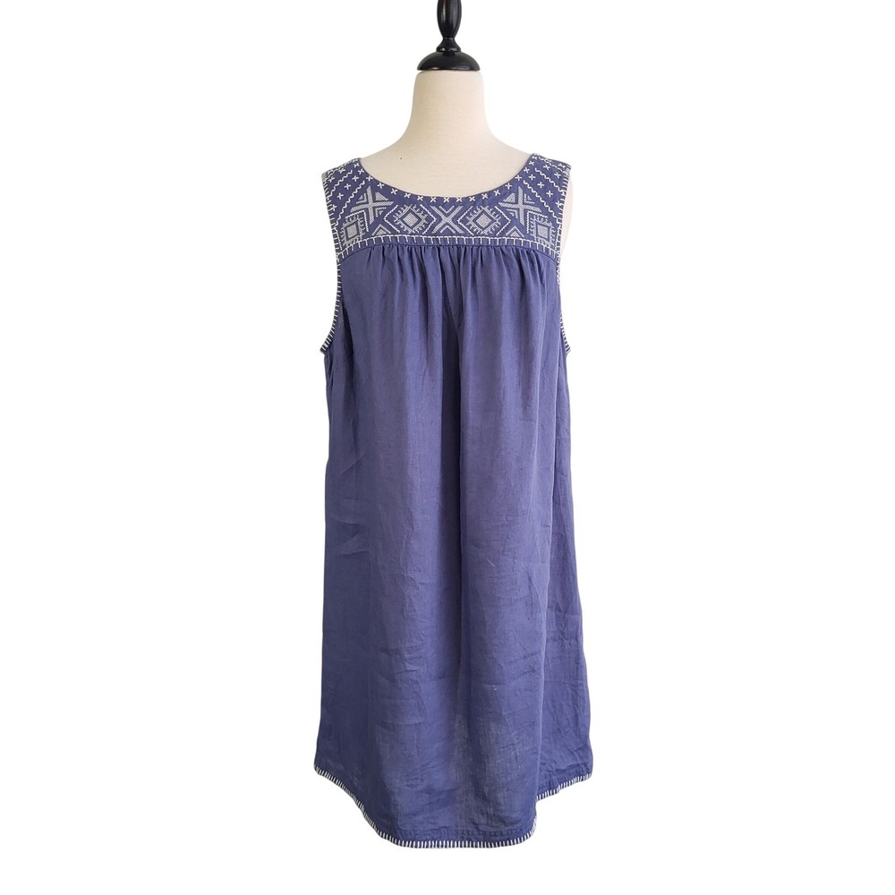 C&C‎ California 100% Linen Embroidered Shift Dress 1X Blue Sleeveless Coastal